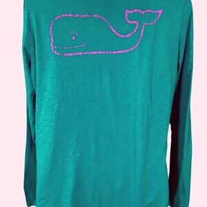 Vineyard Vines Long Sleeve Teal Scoop Neck Cotton Tee Distressed Whale Logo Masc